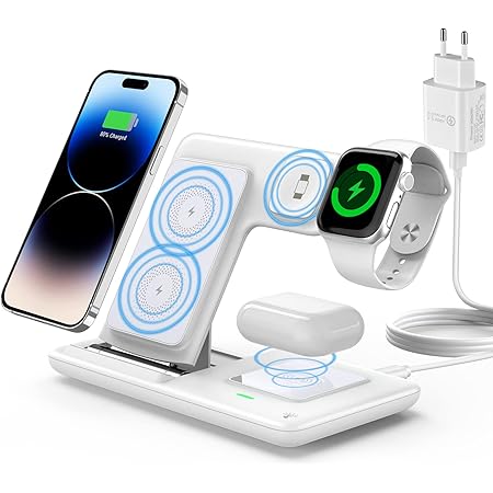 Suporte de Carregador Sem Fio Rápido de 30W com LED 3 em 1 – Estação de Carregamento Dobrável para iPhone 15 14 13 12 11, Apple Watch 9 8 7 6 5 e AirPods Pro