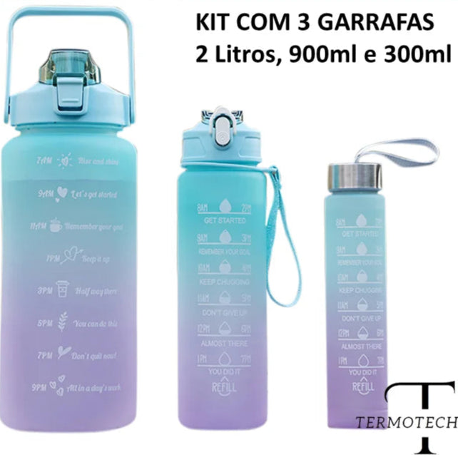 KIT 3 GARRAFAS 2Litros 900ml 300ml Squeeze Fases Motivadoras Adesivos 2D 3D