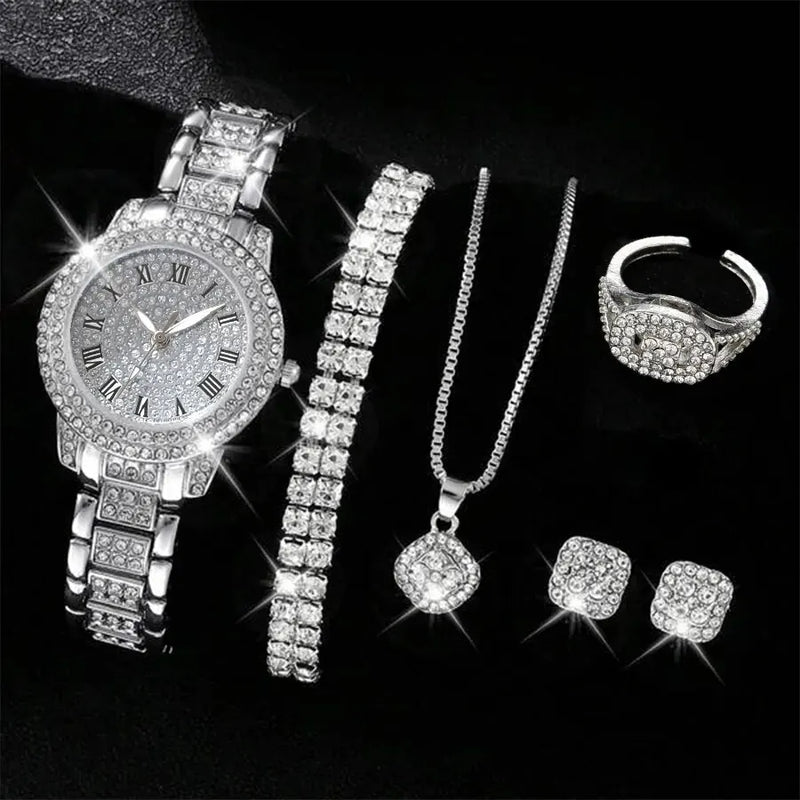 Conjunto 6 em 1 de Relógios Femininos Elegantes - Design Luxuoso com Cristais e Pulseira de Strass"