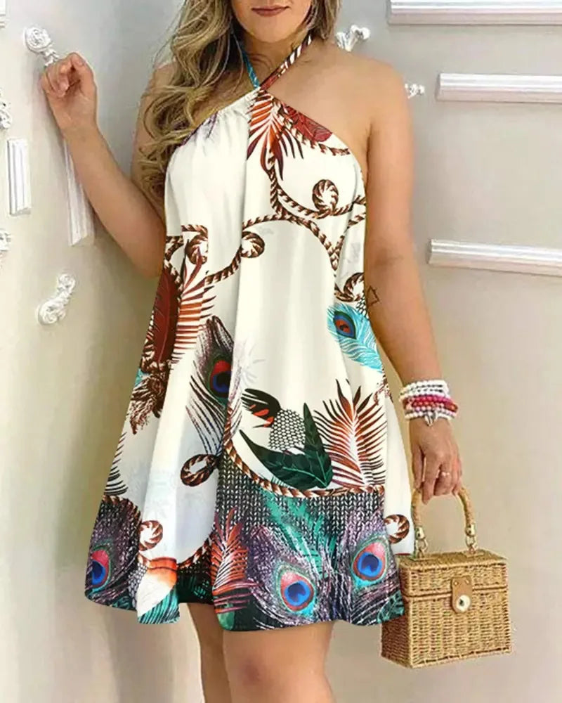 Vestido Tropical com Decote Halter e Costas Abertas – Estilo Vibrante para Férias na Primavera e Verão