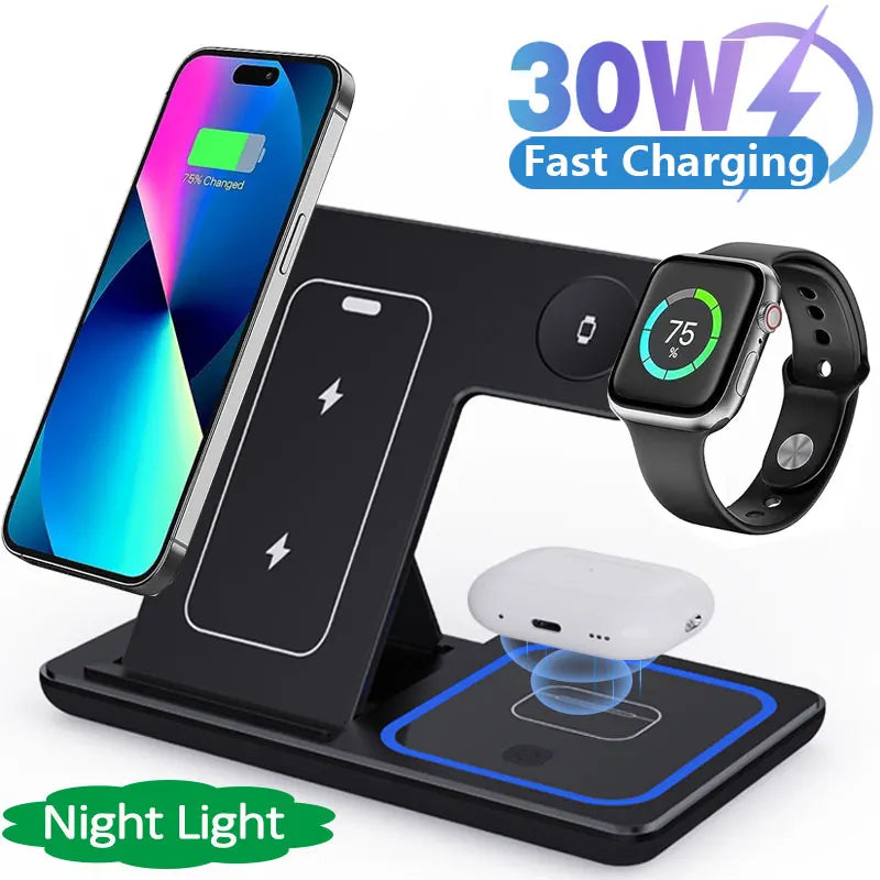 Suporte de Carregador Sem Fio Rápido de 30W com LED 3 em 1 – Estação de Carregamento Dobrável para iPhone 15 14 13 12 11, Apple Watch 9 8 7 6 5 e AirPods Pro