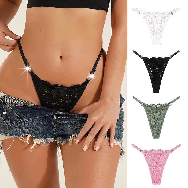 Tanga Sexy e Ousada para Mulheres – Renda, Fivela de Metal, Fio Dental Confortável e Tamanhos Plus Size