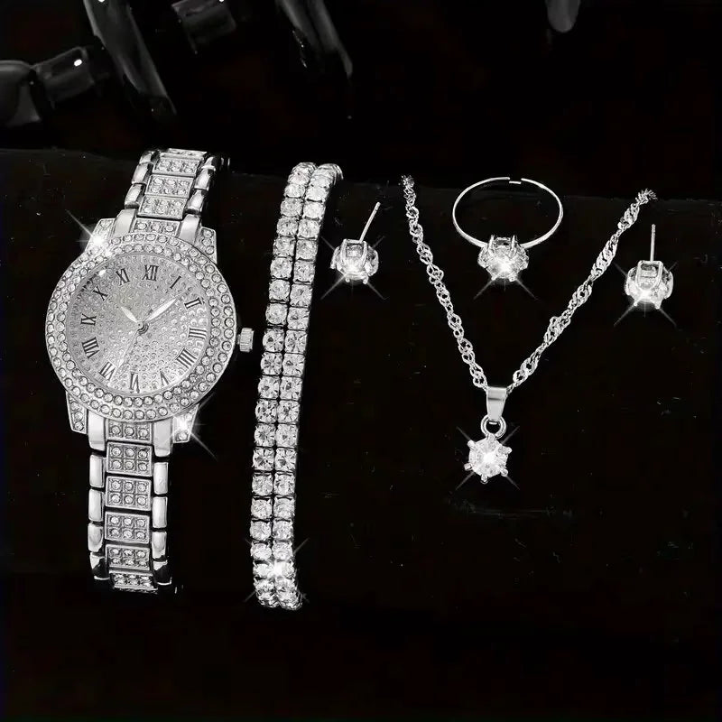 Conjunto 6 em 1 de Relógios Femininos Elegantes - Design Luxuoso com Cristais e Pulseira de Strass"