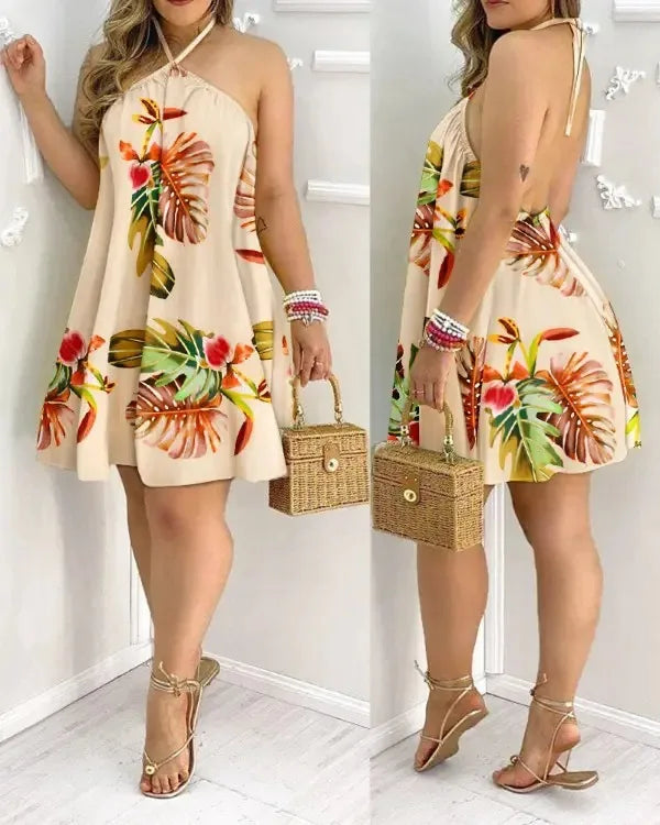 Vestido Tropical com Decote Halter e Costas Abertas – Estilo Vibrante para Férias na Primavera e Verão